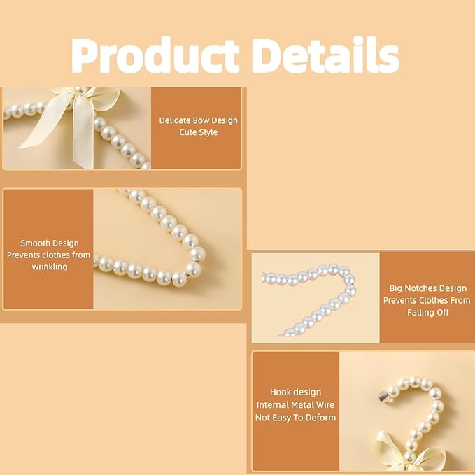 16 inch Pearl Hanger Cute Ribbon Bow Hanger Metal Elegant Clothes Hangers for Wedding Dress Photographing or Decorate Your Closet (5, Beige)
