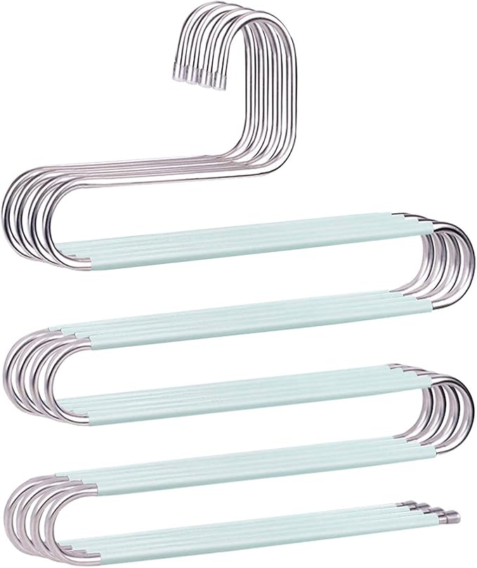 Devesanter Space Saving Non-Slip 4 Pack S-Shape Trousers Hangers - Stainless Steel Closet Storage Organizer for Pants, Jeans & Scarves - Green