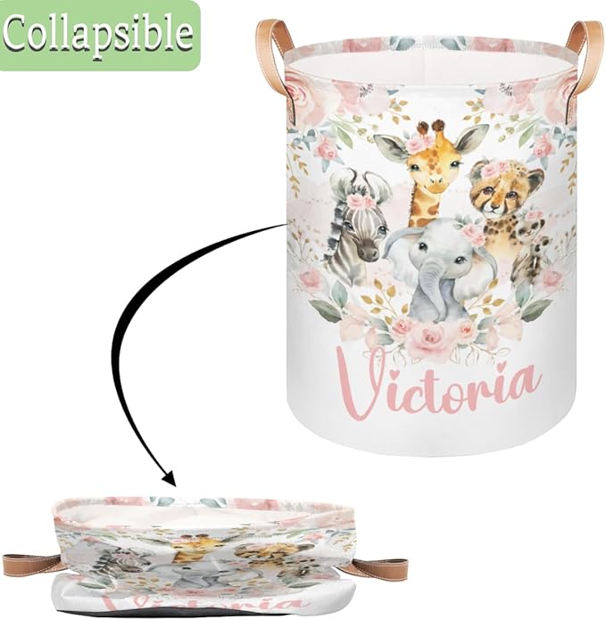 Personalized Laundry Basket, Custom Gift Laundry Hamper, Collapsible Nursery Waterproof Laundry Baskets, Dirty Clothes Toy Hamper with Handles Jungle Safari Blush Floral