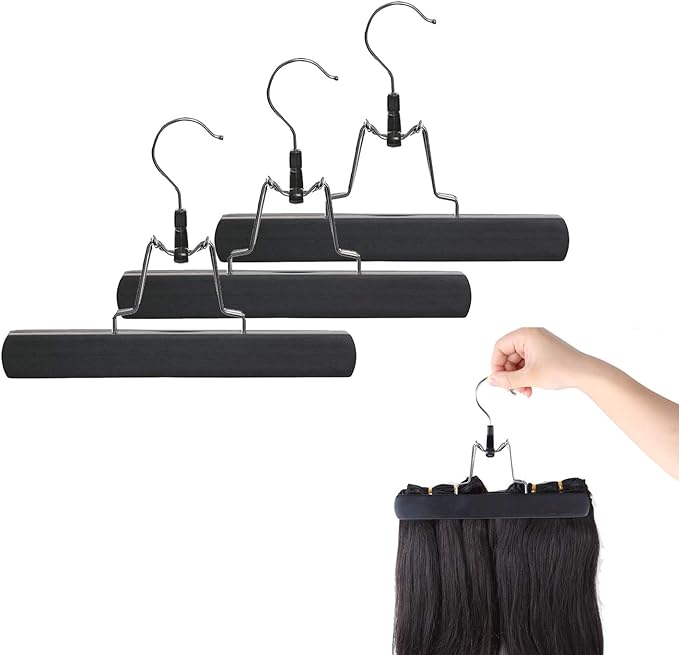 Wooden Pants Hangers, Slack Hanger with Anti-Rust Hook for Skirts, Pants, Jeans, Slacks, Shorts,Hair Extension Hanger,Set of 3