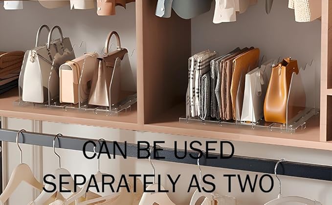 2 Pack Clear Bag & Purse Organizer for Closet - Adjustable Shelf Dividers for Closet Organizer - Clear Bag Storage Separator Rack for Handbag, Clothes Clutch, Tote, Book in Bedroom, Office