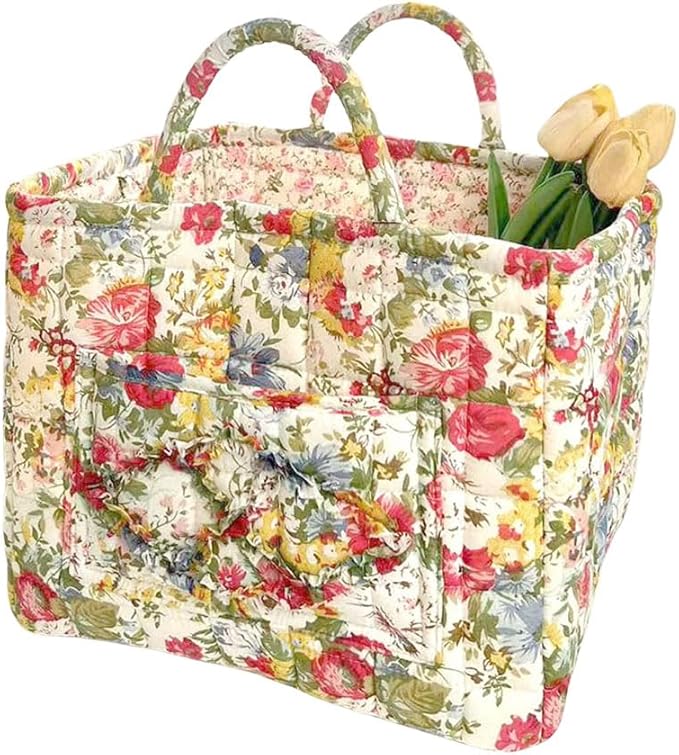 Quilted Fabric Basket Car Storage Basket Boho Floral Laundry Hamper for Nursery Bedroom & Living Room | Organize Clothes Toys
