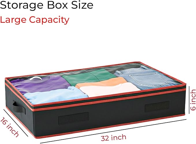 6 Inches Under Bed Storage Containers with Clear Lids | Pack of 2 Underbed Shoe Storage Foldable Clothes Organizer Bins for Blankets, Pillows, Sturdy Handles, Dustproof, & Seasonal Items