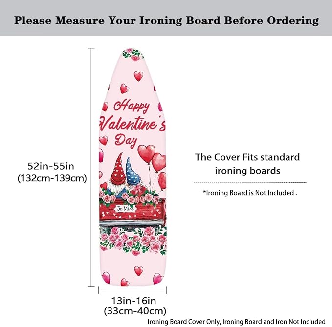 Gnome Ironing Board Cover Love Heart Standard Size 15 x 54 Stain Resistant Fasteners Elastic Edge Valentines Day Ironing Cover 15x54 Home Decoration