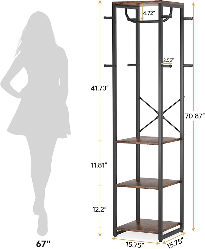 Tribesigns Coat Rack Freestanding with Shelves, Industrial Hall Tree with 4 Shelves and 8 Hooks, Standing Small Clothes Rack Closet Organizer for Entryway, Bedroom