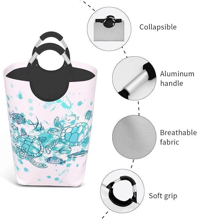 Sea Turtle Laundry Basket Beach Decor Laundry Hamper Ocean Fish Collapsible Baskets with Handle Dirty Clothes Hamper Bag for Dorm Family Bathroom Decor Storage 50L