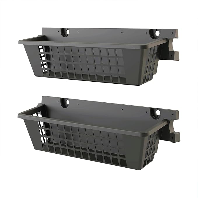 Suncast 2-Pack Accessory Baskets, Resin Organizers for Shed, Black, 25" x 7.25" x 7" - Outdoor Storage Organization, 30 lb Weight Capacity Per Shelf Basket, EZ Bolt Wall-Mount Assembly