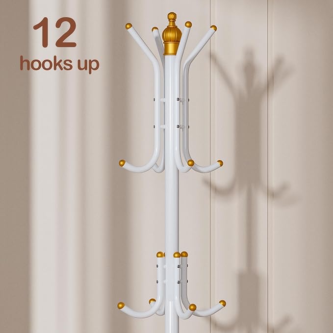 Free-Standing Coat Rack Metal Stand Hanger 12-Hooks Organizer, Hall Tree Entry-Way Furniture for Hanging Up Jacket, Hand-Bag, Cloth, Hat, Winter Scarf Holder for Home or Office Floor White