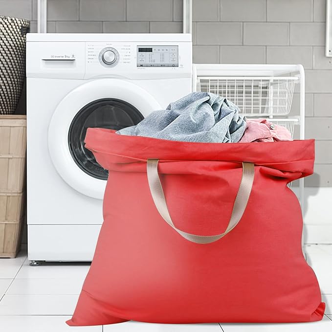 Sanlykate Large Canvas Cotton Laundry Bag with Drawstring & Handles, Heavy Duty Durable Dirty Clothes Organizer, Tear Resistant Hamper Liner Storage Bag, Travel Sack, 25.5 x 34inch - Red
