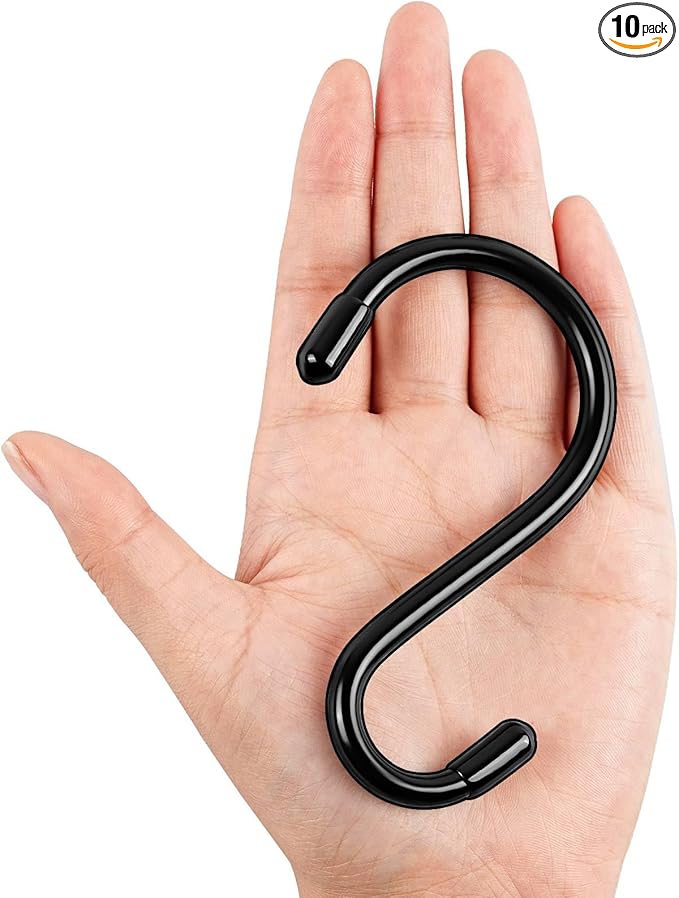 Dreecy 4 Inch Heavy Duty S Hooks for Hanging, 10 Pack S Hooks for Closet, Metal Black Vinyl Coated S Hook for Hanging Plants Jeans Clothes Purse Jewelry Pot Pans Cups,Non Slip Closet S Hook