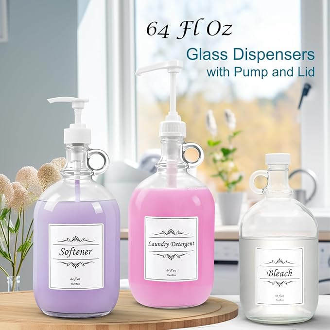 3 Pack Laundry Detergent Dispenser with Pump and Lid, 64 Oz Glass Bottles for Laundry Room Organization and Storage, Fabric Softener Dispenser for Washer