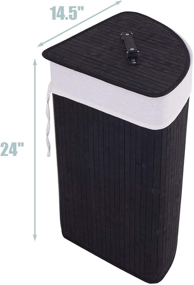 GOFLAME Corner Bamboo Laundry Hamper with Lid and Removable Liner, Washing Clothes Basket Storage Bin with Handle, Suitable for Bedroom, Bathroom, Laundry (Black)