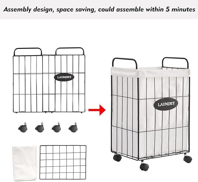 Mxfurhawa Iron Wire Laundry Hamper With Rolling Lockable Wheels, Folding Laundry Storage Basket with Handles,Detachable Liner Collapsible Dirty Laundry Cart Sorter Clothes Basket Organizer (23.6 inch)