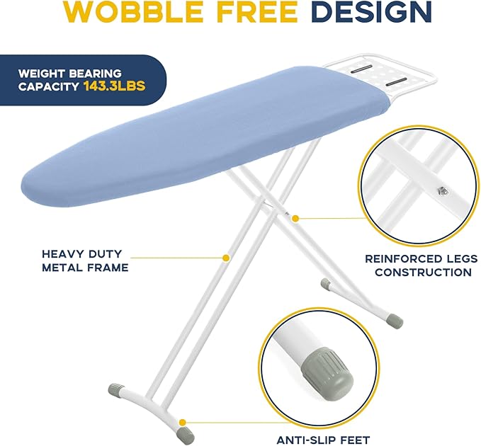 Ironing Board, 43x13 Full Size Iron Board with Iron Rest, Heavy Duty Compact Ironing Board with Thick Cover and Pad, Height Adjustable Sturdy Iron Stand, Blue
