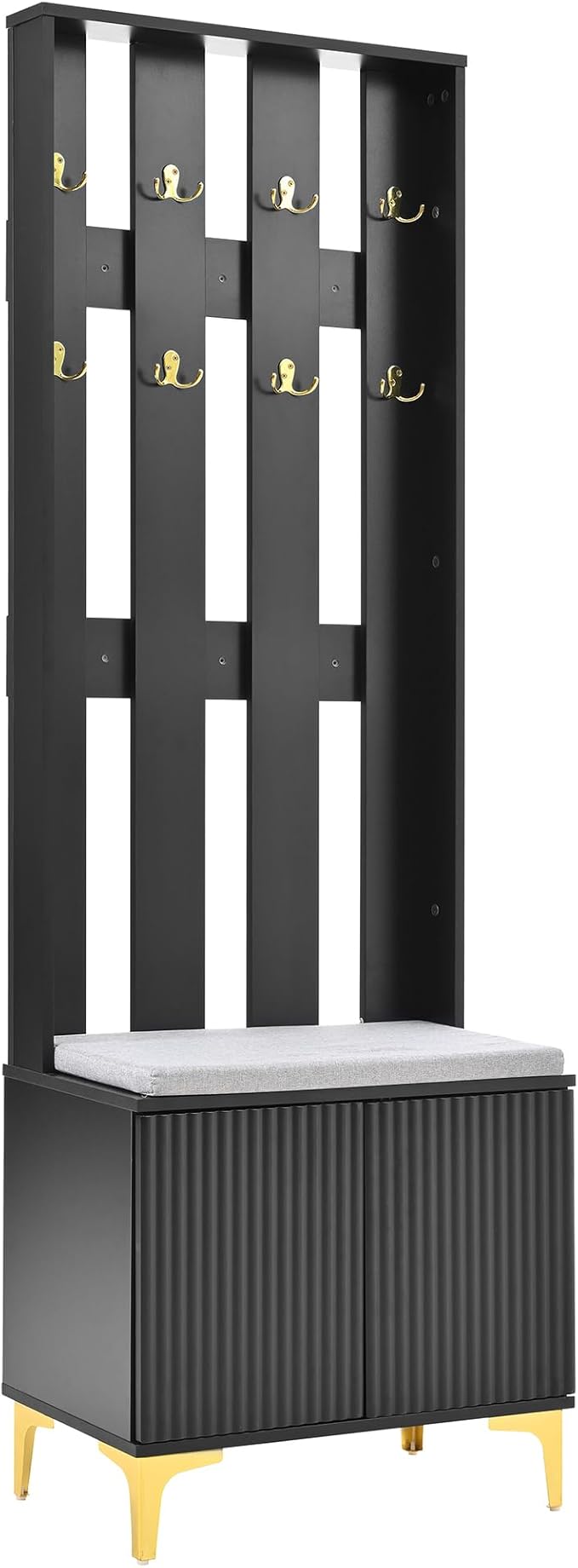 70.8" H Hall Tree with Cushion, Modern Luxury 4-in-1 Hall Tree with Adjustable Shelves & Fluted Doors, Versatile Coat Rack with 8 Gold Hooks and Legs, Entryway Bench for Hallway (Black/379)