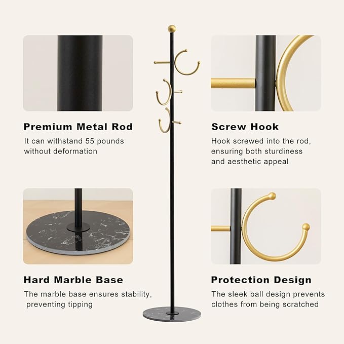 Coat Rack Freestanding Metal Corner Clothing Rack with Round Marble Base 8 Hooks Heavy Duty Coat Tree for Hanging Clothes Bag Hats 13.78x13.78x67.72 in (Black)