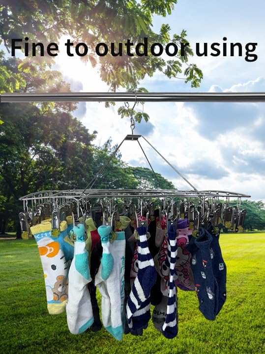 Quick Release Stainless Steel Laundry Drying Rack with Clips, Swivel Hook Wind-Proof Clothes Hanger Rack for Sock, Bras, Underwear, Laundry (Rectangle 60 Clips)