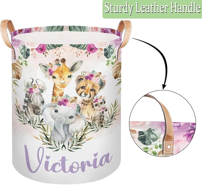Personalized Laundry Basket, Custom Gift Laundry Hamper, Collapsible Nursery Waterproof Laundry Baskets, Dirty Clothes Toy Hamper with Handles Boho Jungle Animals