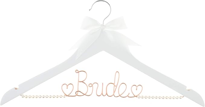 Ella Celebration Bride to Be Wedding Dress Hanger Wooden and Wire Hangers for Brides Gowns, Dresses (White with Rose Gold Wire and Pearls)