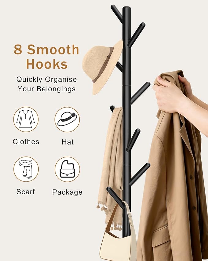 Yawinhe Coat Rack, Sturdy Woode Stand Tree with 8 Hooks, 3 Adjustable Height for Bedroom, Hallway, Entrance, Office, 11.8 x 70.8 inches, Black, 1-Pack, Square Base