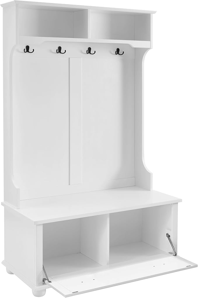 4-in-1 Design Hall Tree Coat Hanger with 4 Hooks and with Two Top Open Storage Shelves, Wood Entryway Coat Rack with Storage Bench for Entrance Hallway (White-3)