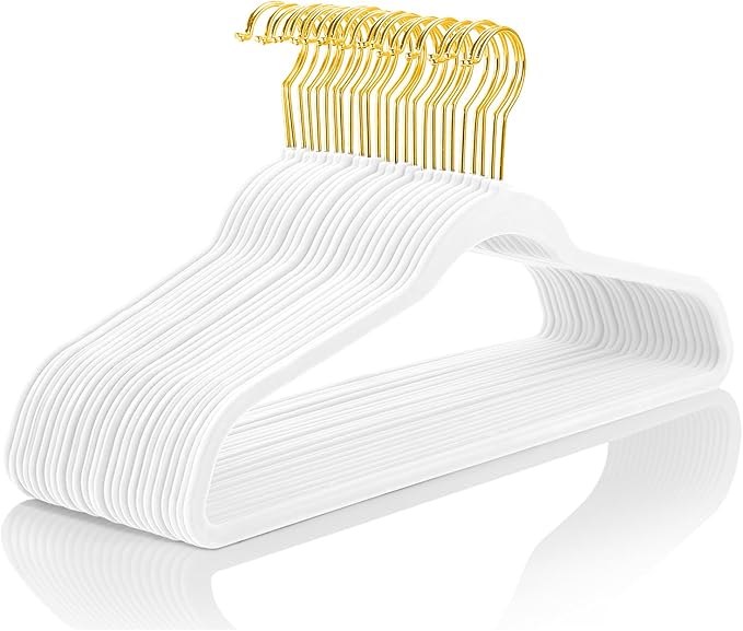 MIZGI White Velvet Hangers 40 Pack,Premium Gold Clothes Hangers Non-Slip Felt,Sturdy White Hangers Heavy Duty Coat Hanger,Durable Suit for Space Saving, No Hanger Marks