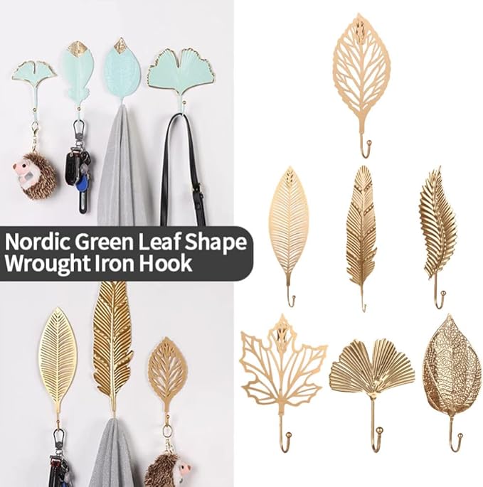 7pcs Leaf Shape Metal Hooks Decorative Wall Hooks Iron Key Holder Coat Hanger Purse Hooks Closet Clothes Coat Hat Towel Robes Hook for Kitchen Bathroom Bedroom Office