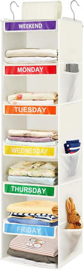 6-Shelf Weekly Clothes Organizer for Kids, Hanging Daily Closet Organization with 6 Side Pockets, Days of The Week Clothing Divider Storage for Boys and Girls (White)