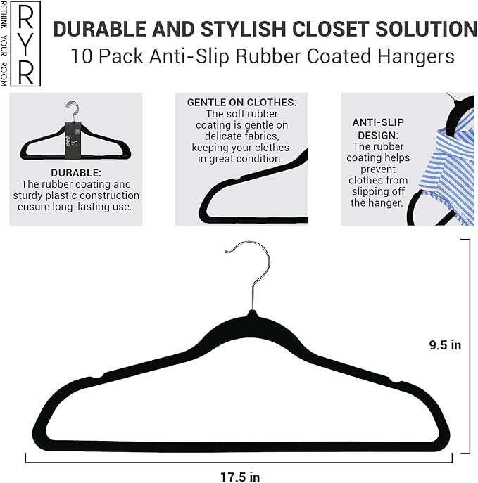 10 Pack Anti-Slip Rubber Coated Hangers, Space Saving, Durable, Gentle, Clothes, Black Hangers for Closet, Non-Slip, Heavy Duty, Velvet, Coats, Pants, Wardrobe Essentials, Holiday