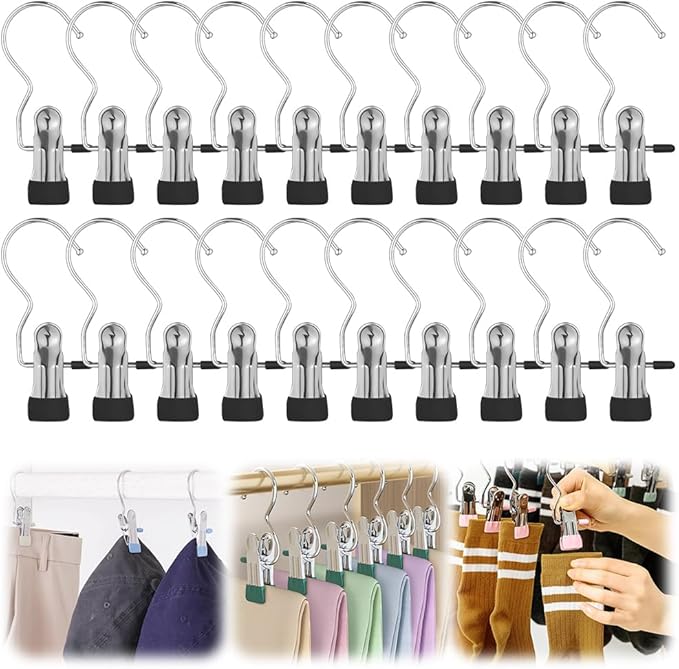 Clothes Pins Hanging Clips, 2025 Upgrade Space-Saving Clothespin Hat Pants Storage Hanging Travel Hook, Multifunctional Hanger Hooks Anti Rust Clips for Clothes (20, Black)