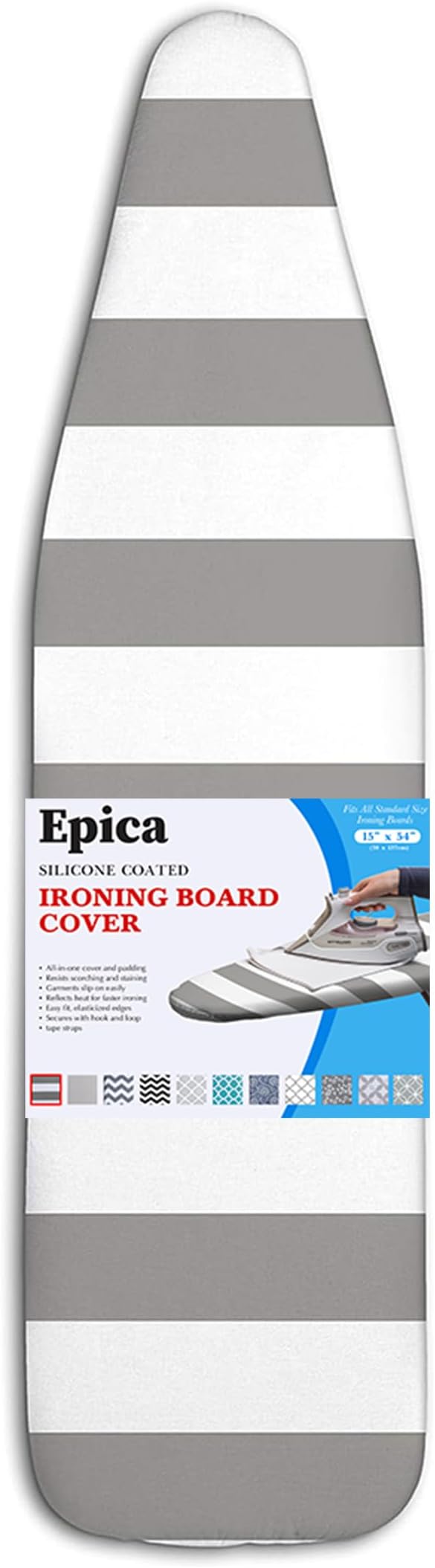 Epica Ironing Board Cover and Pad - Standard Size 15x54 Padded Ironing Board Covers, Heat Reflective Coating, Thick Pads, Scorch & Stain Resistant Iron Board Cover with Padding Grey & White Stripe