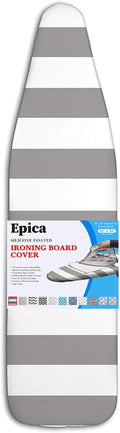 Epica Ironing Board Cover and Pad - Standard Size 15x54 Padded Ironing Board Covers, Heat Reflective Coating, Thick Pads, Scorch & Stain Resistant Iron Board Cover with Padding Grey & White Stripe