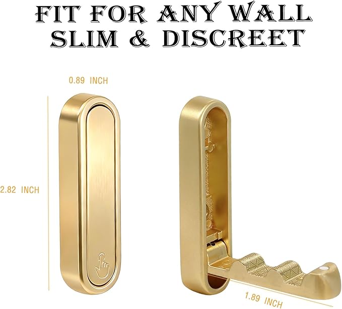 Folding Coat Hooks 2 Pack, Heavy Duty Purse Hook for Wall That Stays Flat, Zinc Alloy Gold Wall Hooks for Towels, Robes, Coats in Bathroom, Closet, Entryway ﻿