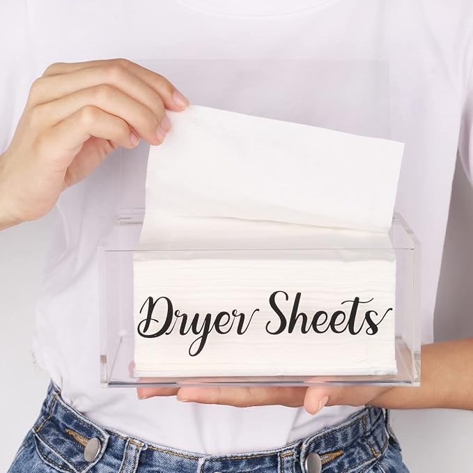 Acrylic Dryer Sheet Dispenser with Hinged Lid, Clear Rustic Farmhouse Style Dryer Sheet Container Storage Box for Laundry Room Organization, Laundry Softener Dispenser, Home Laundry Room Decorations