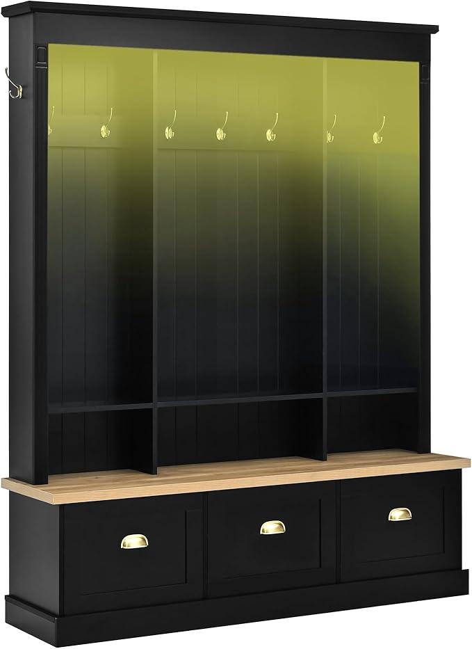 Farmhouse 75" H Hall Tree with 9 Golden Hooks, 3 Large Cabinets, Open Shelves, Roman Column Design Natural Storage Bench, Entryway Organizer with Shelves for Mudroom, Hallway (Black,75)