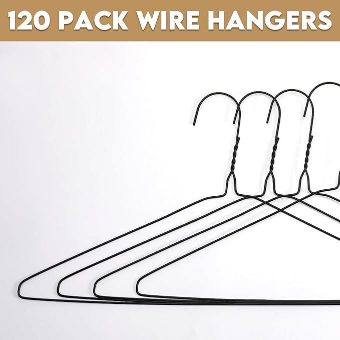 120 Pcs Wire Hangers Bulk 16" Dry Cleaner Hangers for Clothes Caped Clothing Pants (Black,Classic)