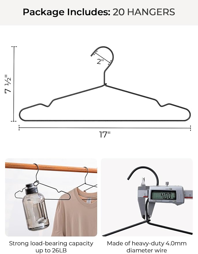 StorageWorks 4mm Super Thick Metal Wire Hangers, Heavy Duty Stainless Steel Clothes Hangers for Coats, Shirts Jackets, Pants, Suits, Space Saving Black Hangers for Closet, 20 Pack