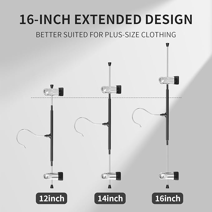 HUADYMEET 16 Inch Extended-Length Pants Skirt Hangers Non-Slip,20 Pack Adjustable Jeans Trousers Shorts Metal Clothes Hangers with Clips for Men Women, Strong Durable Heavy Duty Space Saving(Black)