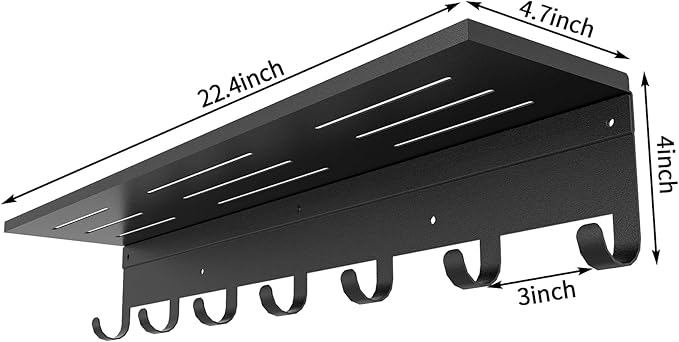 Wall Shelf with 7 Hooks, 23 Inch Entryway Coat Rack Wall Mounted, Metal Coat Hanger with Shelf Storage Clothes, Bags, Purse for Living Room, Balcony, Closet, Black