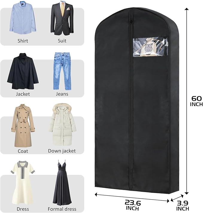 2 Pack 60"Garment Bags for Suits and Coats Lightweight Foldable with Travel Handle, Closet Storage and Travel-Friendly with Transparent Inner Bag Set, Black