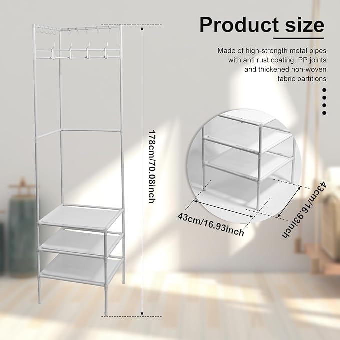 Corner Hall Tree, Freestanding Coat Rack with 3 Tier Shoes Rack Storage and 10 Movable Hooks, Corner Storage Organizer, Metal Entryway Coat Rack, Waterproof Corner Organizer Coat Rack for Home (White)