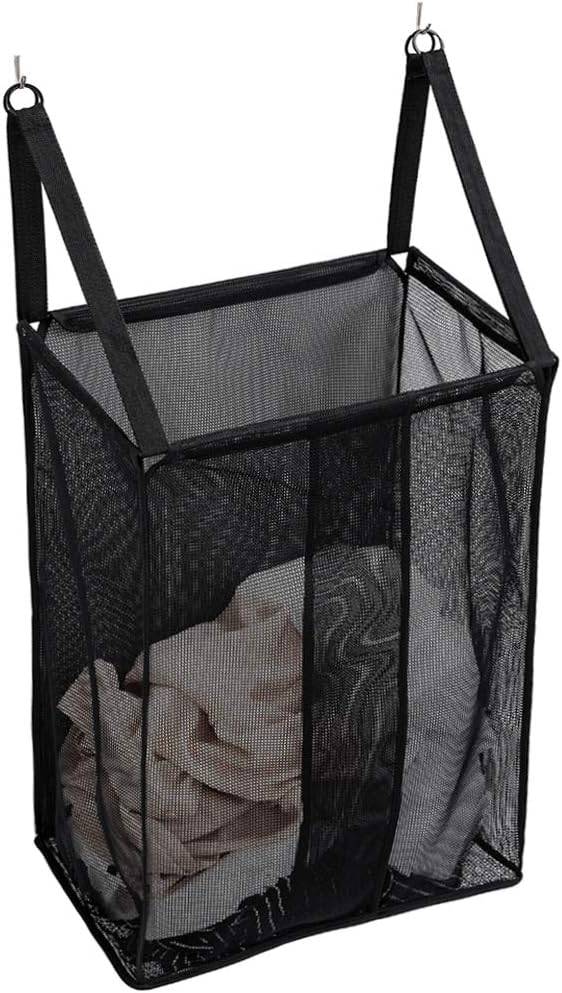 ALYER Wall Hanging Mesh Laundry Hamper,Poolside Toy Storage Baskets with Big Metal Support Opening,Hardware Included (Black)
