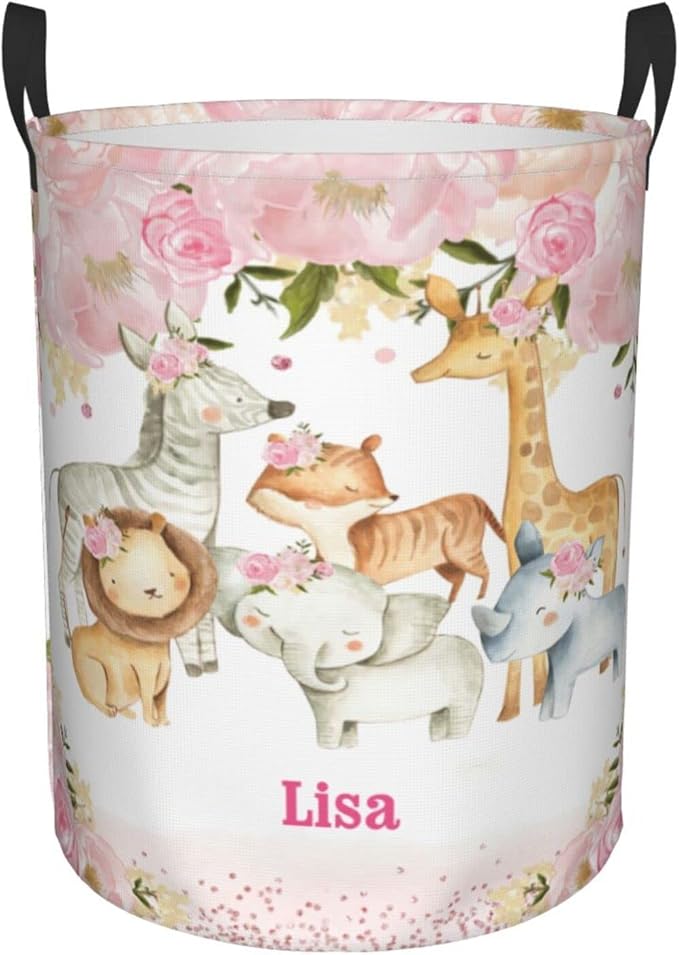 Giraffe Lion Pink Flower Personalized Laundry Basket Name Clothes Hamper with Handles Waterproof Laundry Storage Baskets for Bedroom Bathroom Decor.