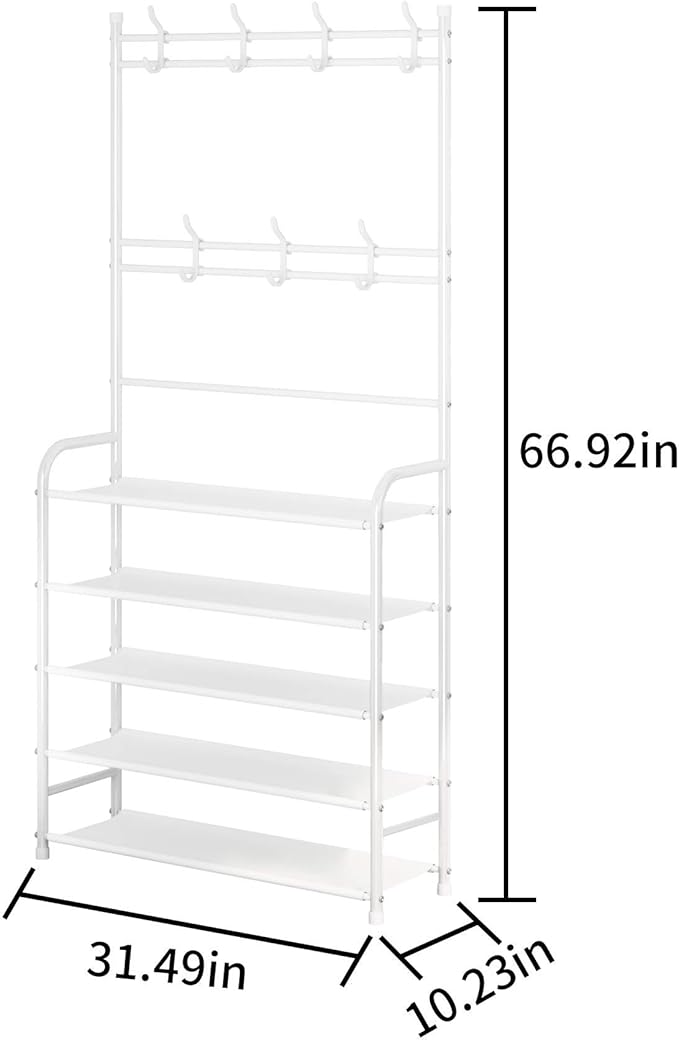 UDEAR Entryway Coat Rack,3-in-1 Hall Tree Multifunctional Storage Shelf with 5-Tier Shoe Bench and 8 hooks,20-25 Pairs of Shoes,Easy Assembly,for Entrance Foyer Bedroom Barthroom,White