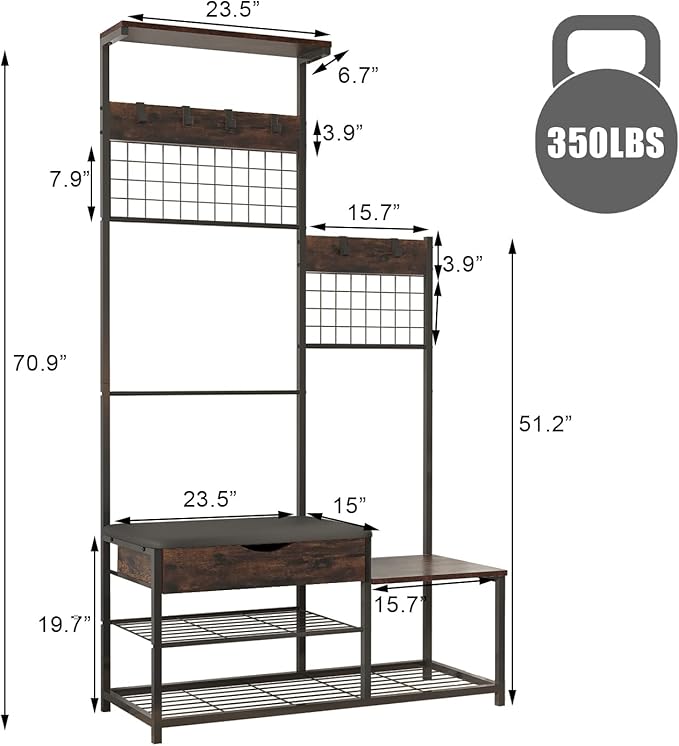 CharaVector 4-in-1 Hall Tree with Storage Drawer & Soft Cushion - Industrial Entryway Bench Coat Rack, Antique Brown, Parent-Child Design with Stable Metal Frame