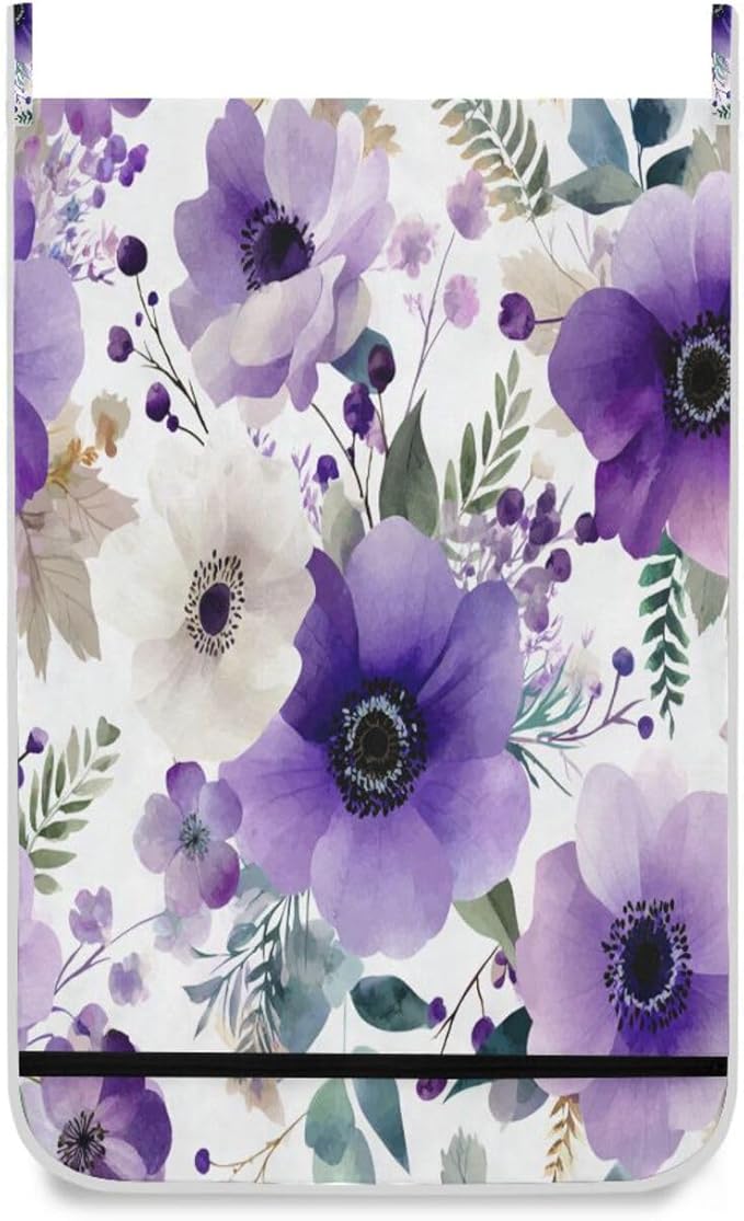 Purple and White Silver Lotus Flowers and Berries Hanging Laundry Hamper Door Hampers Bag Basket with Stainless Steel Hooks Oxford Fabric Printing Decorative Clothes Bags 29.5X20inch 1Pack