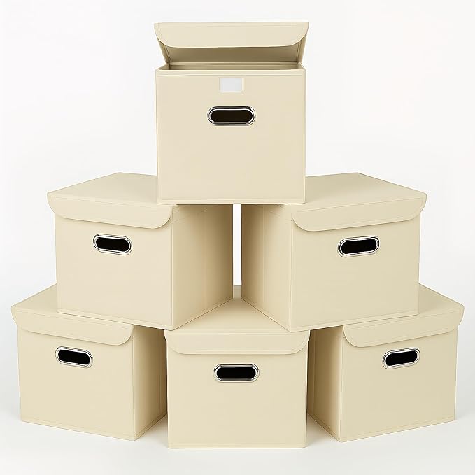 Closet Organizers Fabric Storage Bins With Lids Collapsible Cube Storage Organizer Basket With Handles,Storage Boxes for Clothes Storage,Office,Laundry,Shelves,6 Pack,（Creamy-White