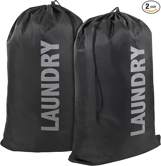 Washable Drawstring Laundry Bags 2 Pack Extra Large Heavy Duty College Dorm Dirty Laundry Clothes Travel Bag and Gym Clothes Bag for Guys and Girls (Black "Laundry")
