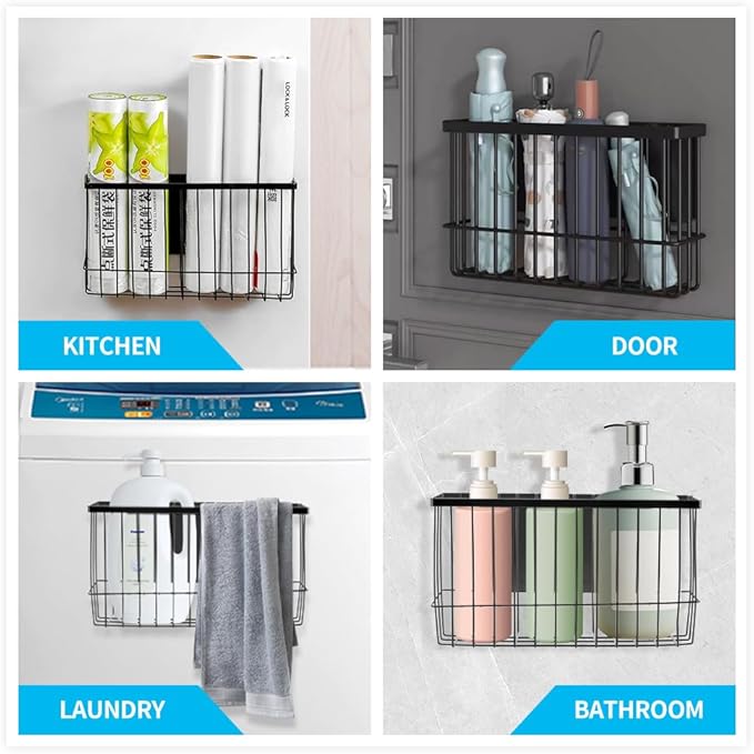 Magnetic Metal Basket Organizer for Fridge & Locker, Storage Basket for Foil/Plastic Wrap/Spice/Dryer Ball, Space-Saving Kitchen & Laundry Solution (Black, S)