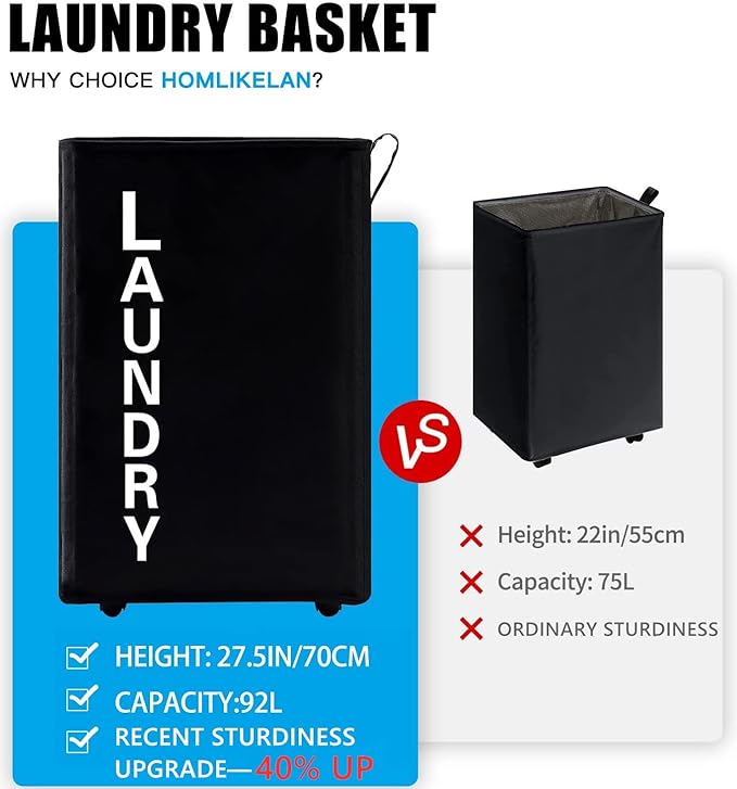 92L Extra Large Rolling Laundry Basket with Leather Handle,Tall Laundry Hamper on Wheels,Laundry Bin,Rolling Laundry Cart Black
